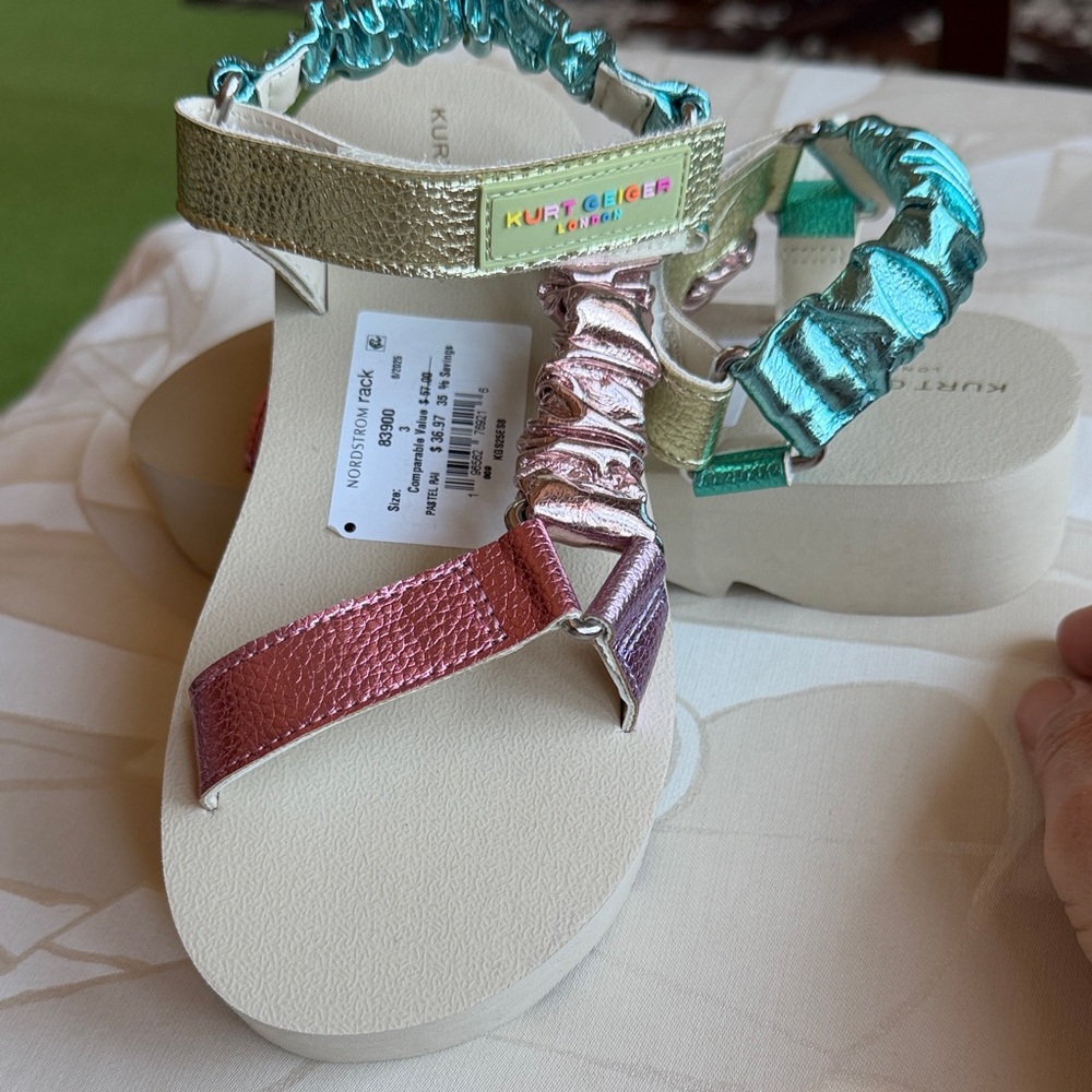 NWT . Kurt Geiger London Kids Metallic Multi-Color Sandals orion rainbow.